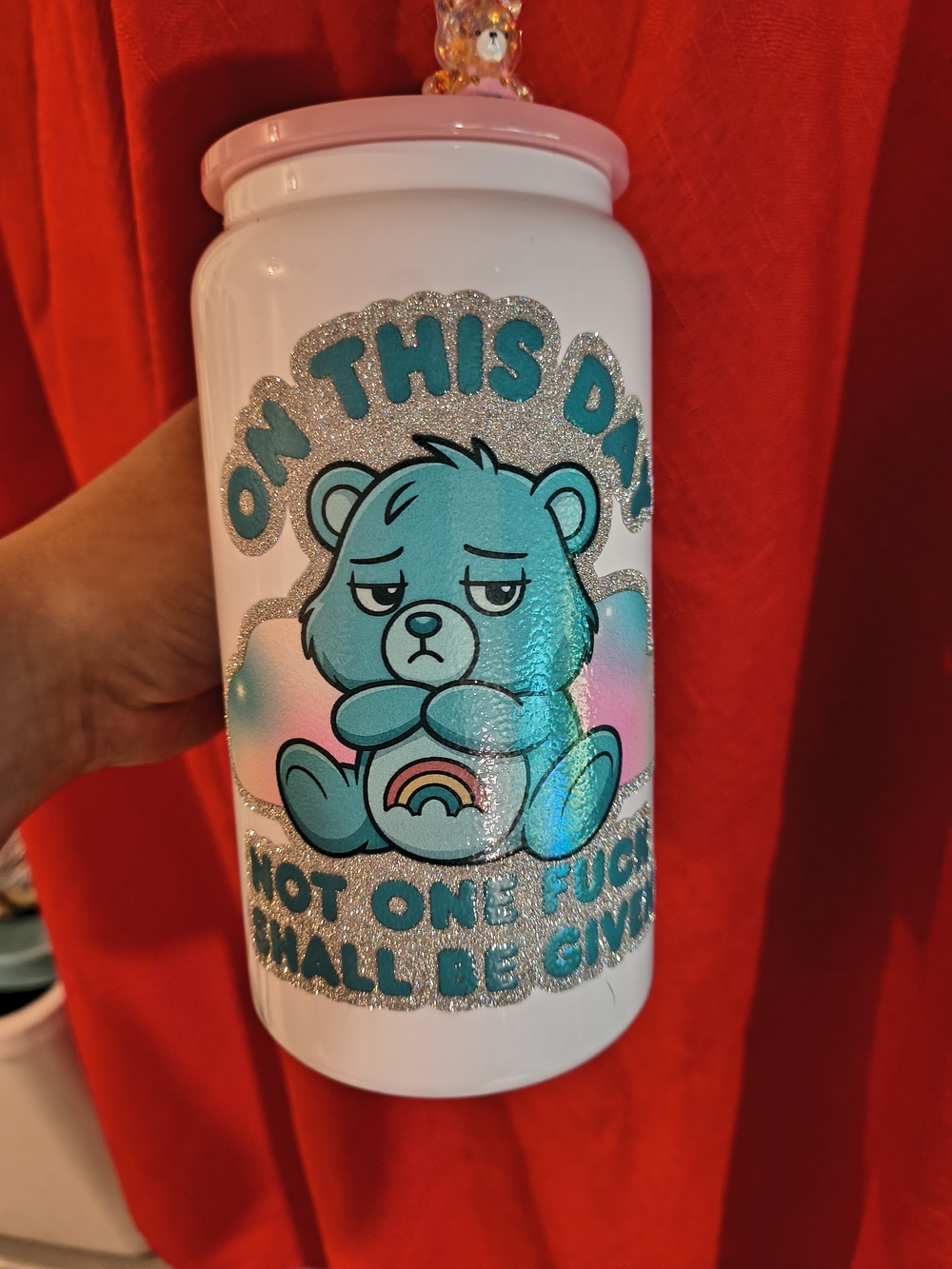 White Glitter Blue Bear Water Bottle with Pink Lid Stainless Steel